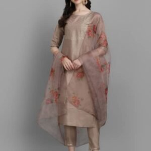 Women's Silk Blend Embroidered Straight Kurta Pant Set with Organza Dupatta (Copy) (Copy)